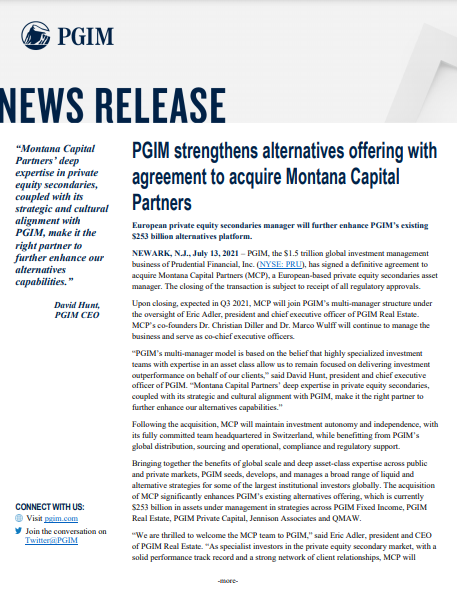 PGIM strengthens alternatives offering with agreement to acquire Montana Capital Partners